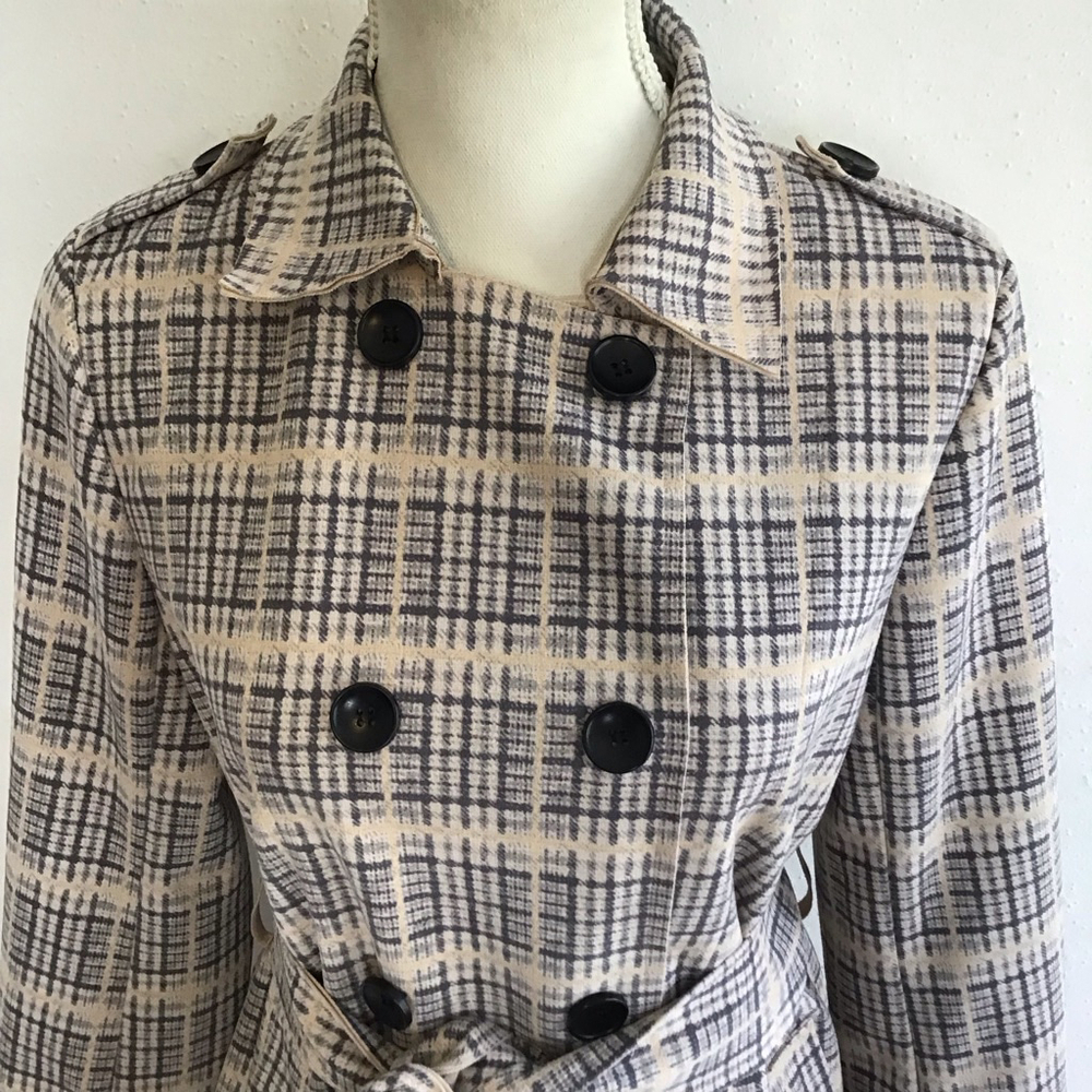 Solitaire Women Plaid Double Breasted Tie Belt Trench Jacket S Beige Black - Picture 6 of 15